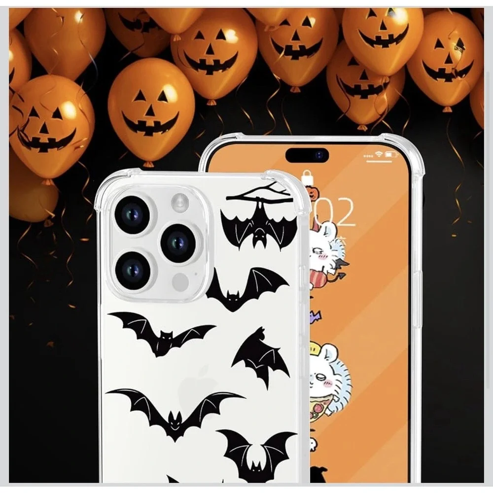 D0048-Halloween Bat Clear Phone Case Shockproof Bumper for iPhone 14 15 Pro Max